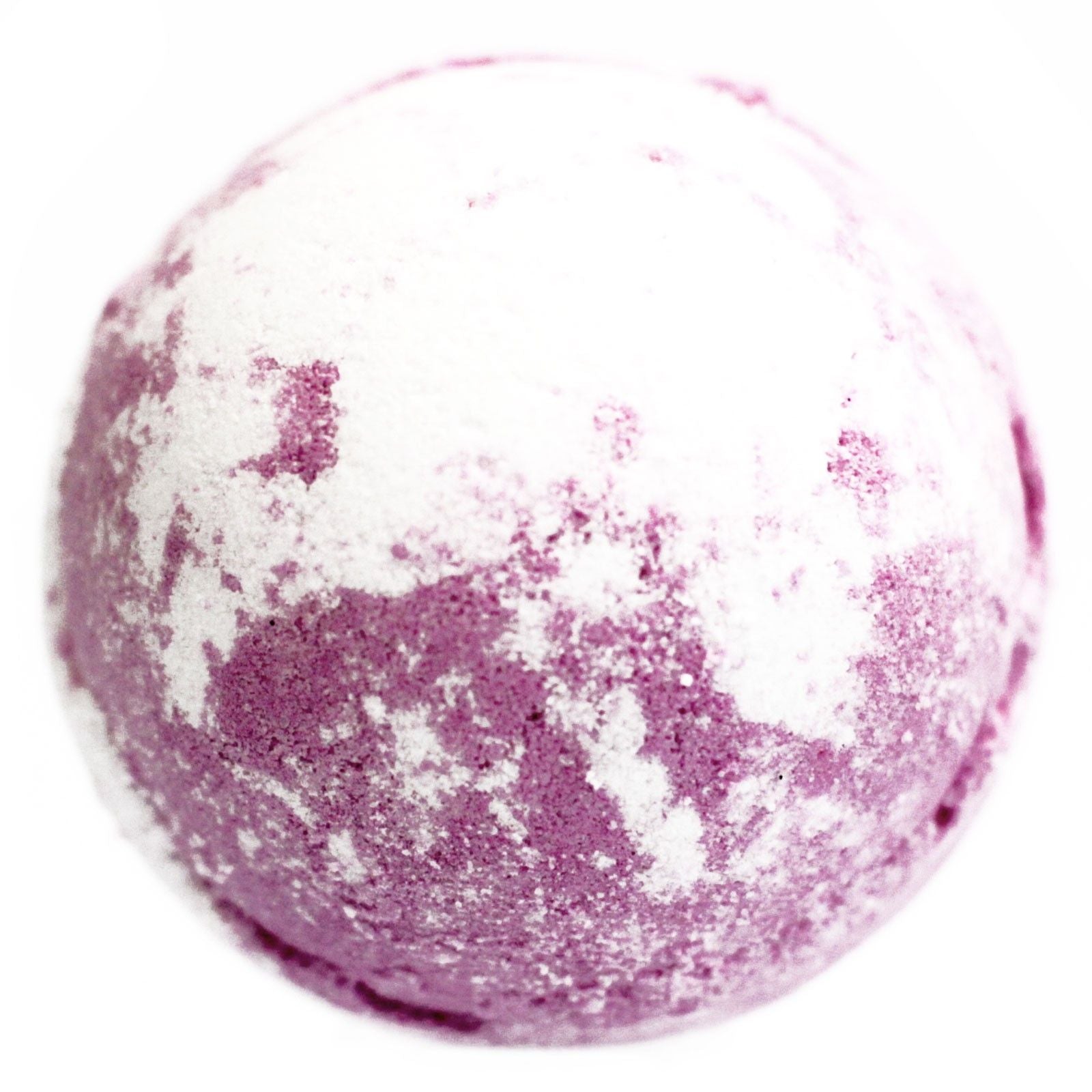 A large, textured bath bomb with vibrant pink and dark speckles, containing moisturizing shea butter.