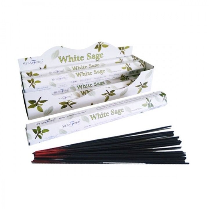 Hexagonal box of premium white sage incense sticks with a spiritual design on a clean background.