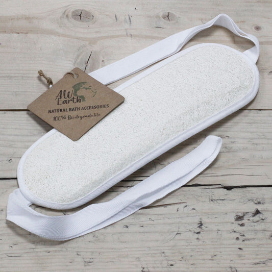 Long natural loofah back scrub with rope handles for easy reaching and exfoliation.