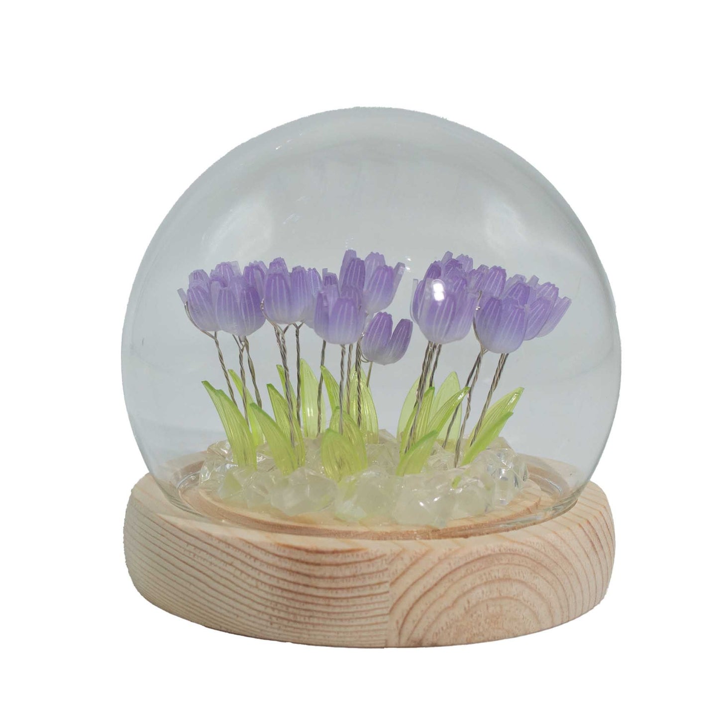 Elegant glass dome containing twenty soft pink tulips illuminated by delicate LED lights on a wooden base.
