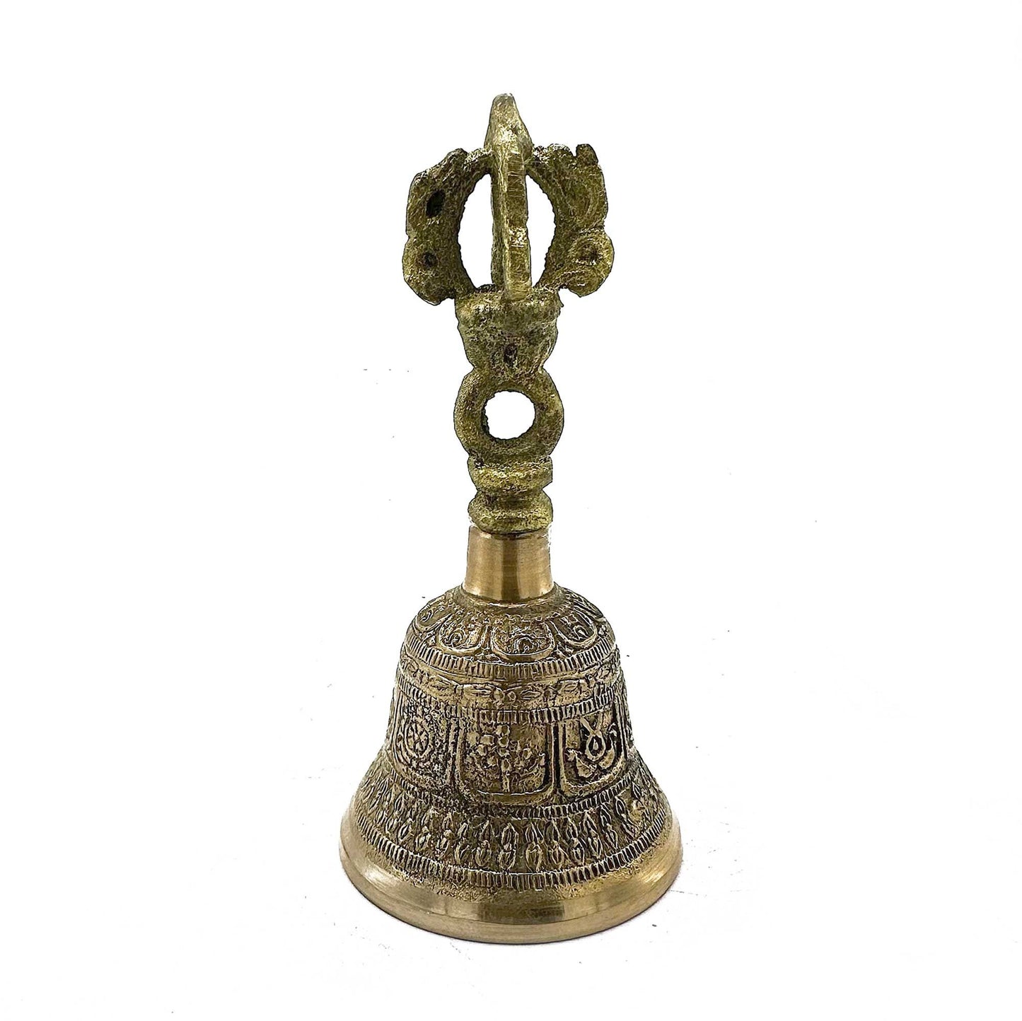 Handcrafted circular Tibetan Tingsha bells connected by a leather strap, featuring traditional embossed designs.