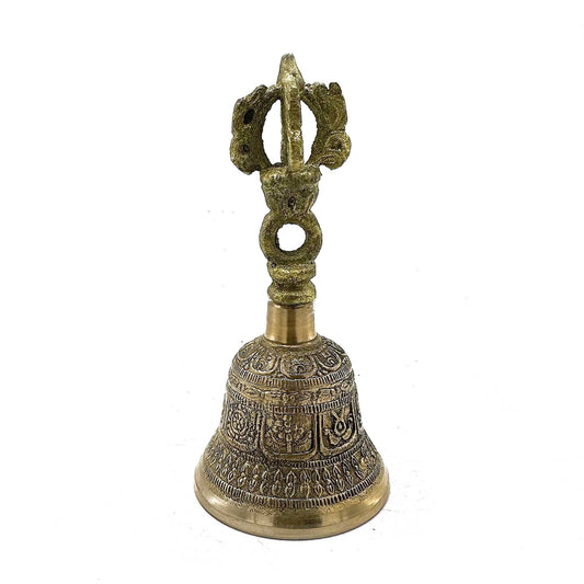 Handcrafted circular Tibetan Tingsha bells connected by a leather strap, featuring traditional embossed designs.