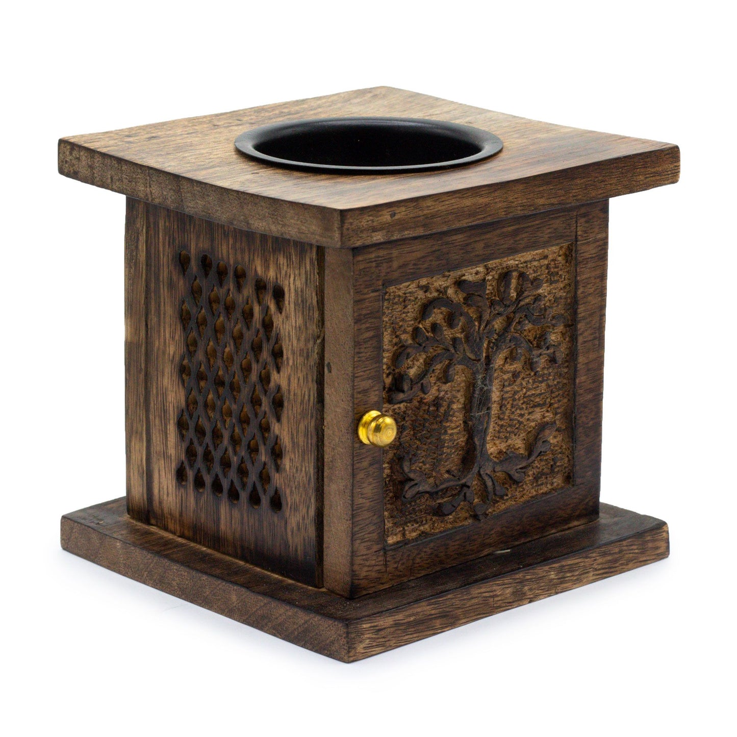 Large hand-carved mango wood oil burner box featuring a detailed Tree of Life design and natural wood grain.
