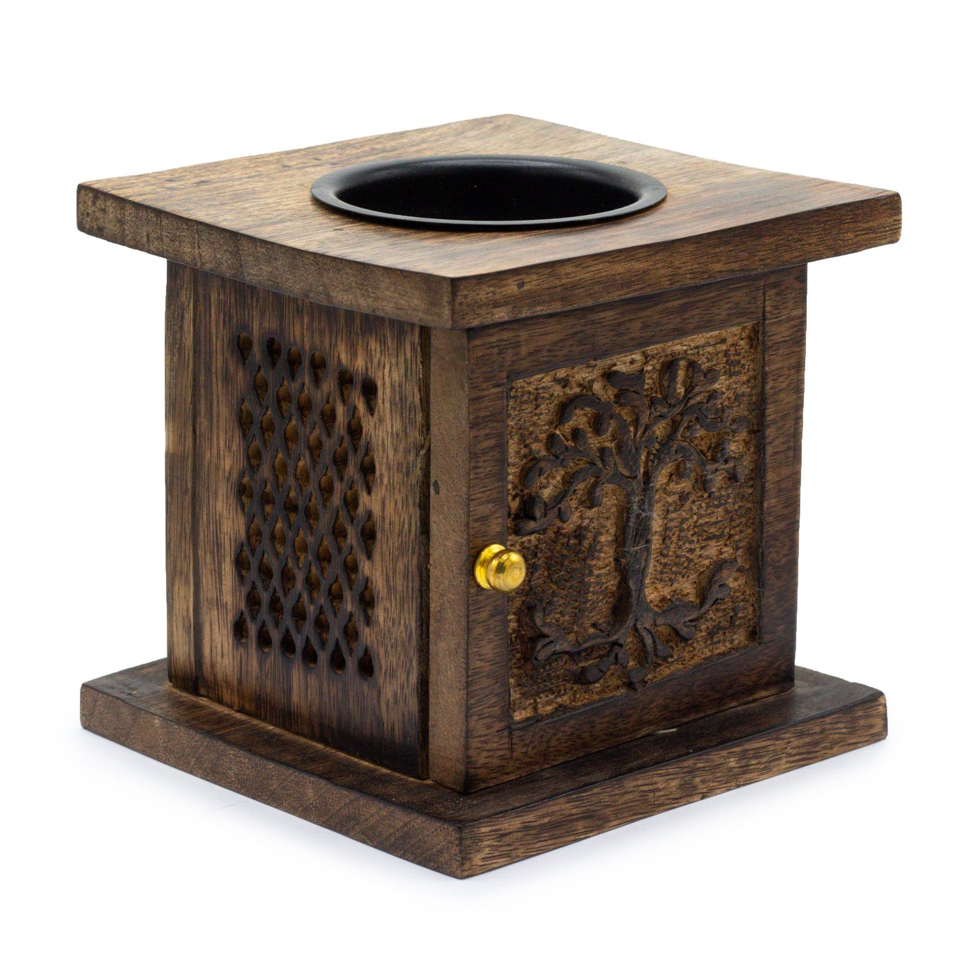 Large hand-carved mango wood oil burner box featuring a detailed Tree of Life design and natural wood grain.