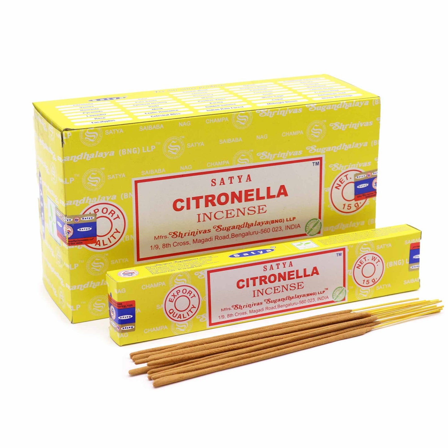 Hand-rolled incense sticks with a fresh citronella scent, presented in traditional packaging on a wooden surface.