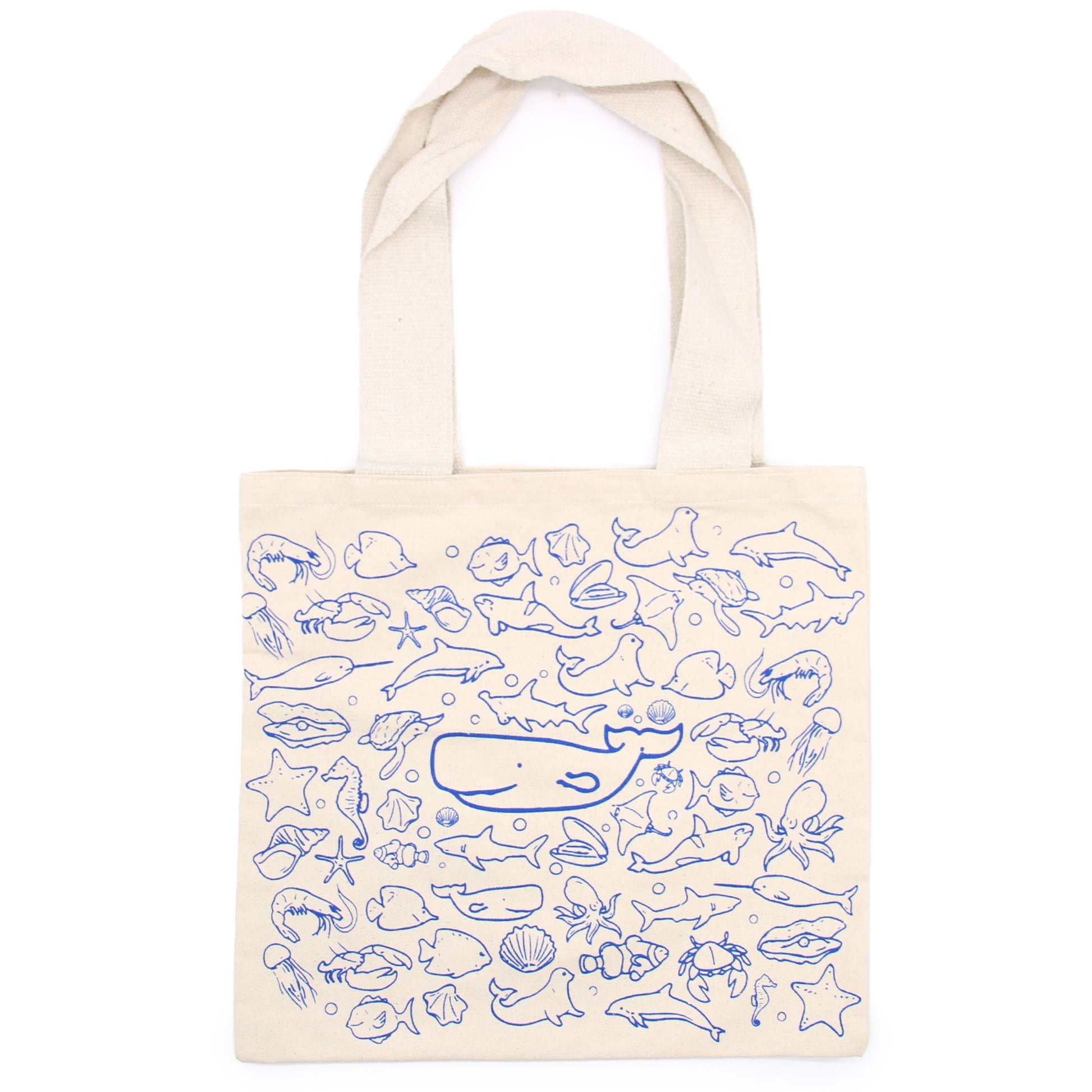 Large cream cotton tote bag with a blue and grey sea life illustration featuring various ocean creatures and coral.