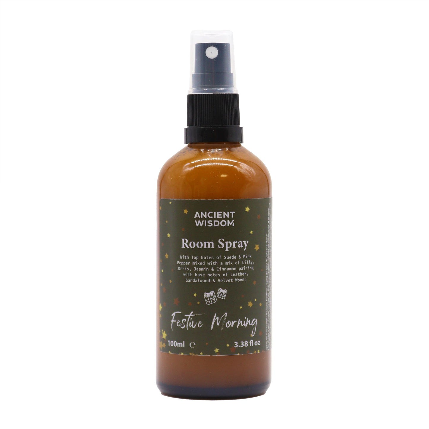 Clear 100ml glass bottle of Festive Morning room spray with a festive label and spray nozzle.