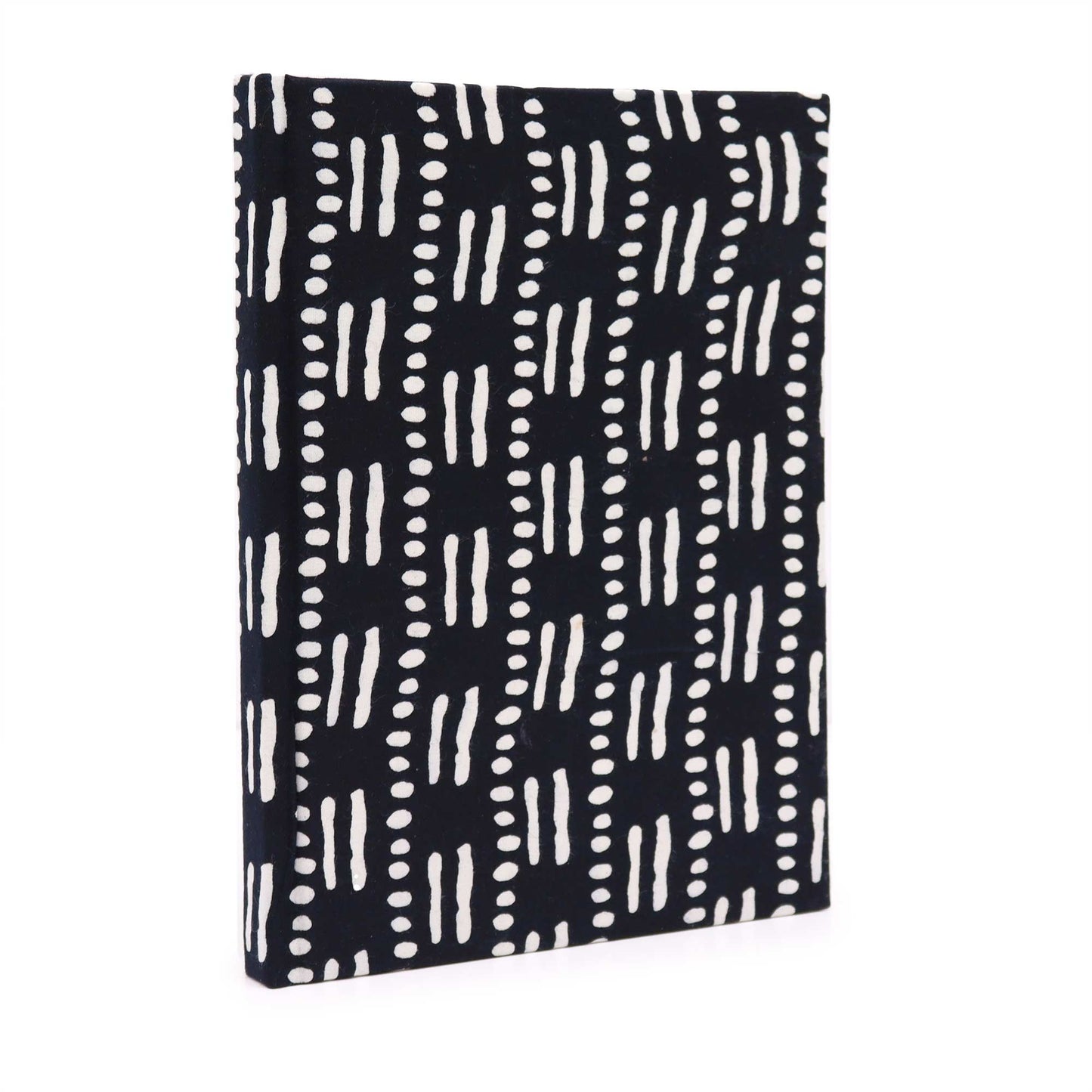 Handcrafted cotton bound notebook featuring a black and white dots and dashes pattern with a textured fabric cover.