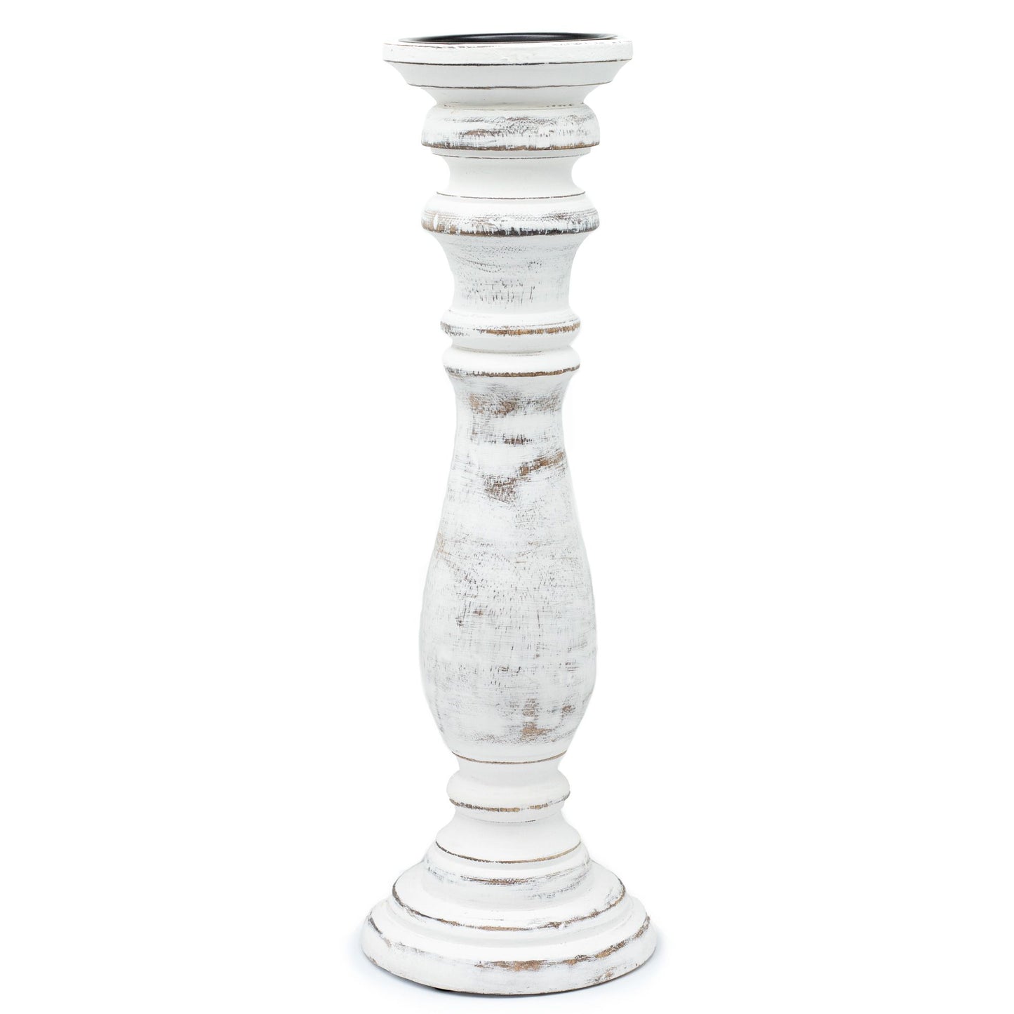 Tall traditional mango wood candle stand with a distressed whitewash finish and natural grain patterns.