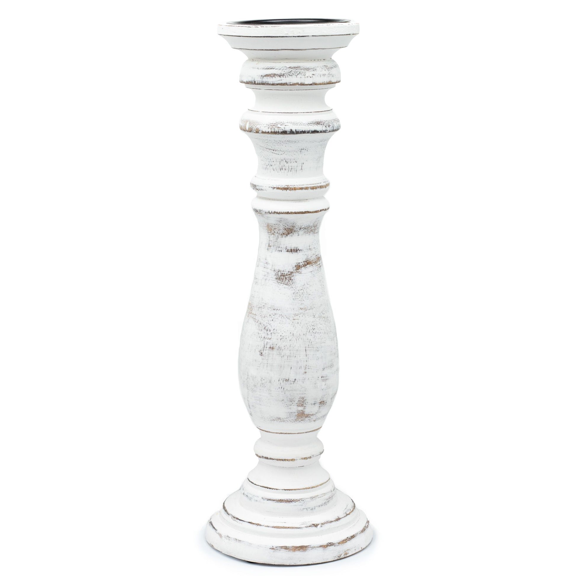 Tall traditional mango wood candle stand with a distressed whitewash finish and natural grain patterns.