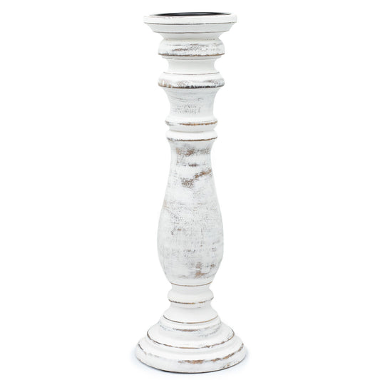 Tall traditional mango wood candle stand with a distressed whitewash finish and natural grain patterns.