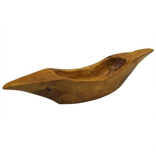 Large hand-carved teak root bowl with a unique abstract shape and natural wood grain finish.