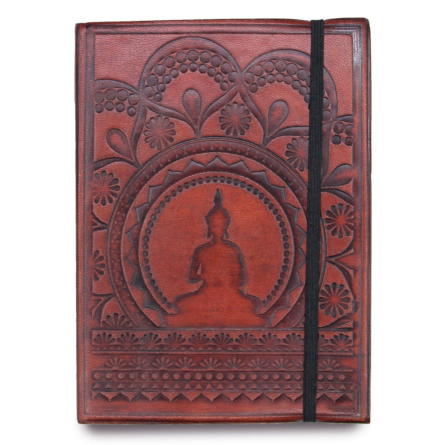 Small brown vegetable leather notebook featuring an embossed Tibetan Mandala design and a secure leather strap closure.