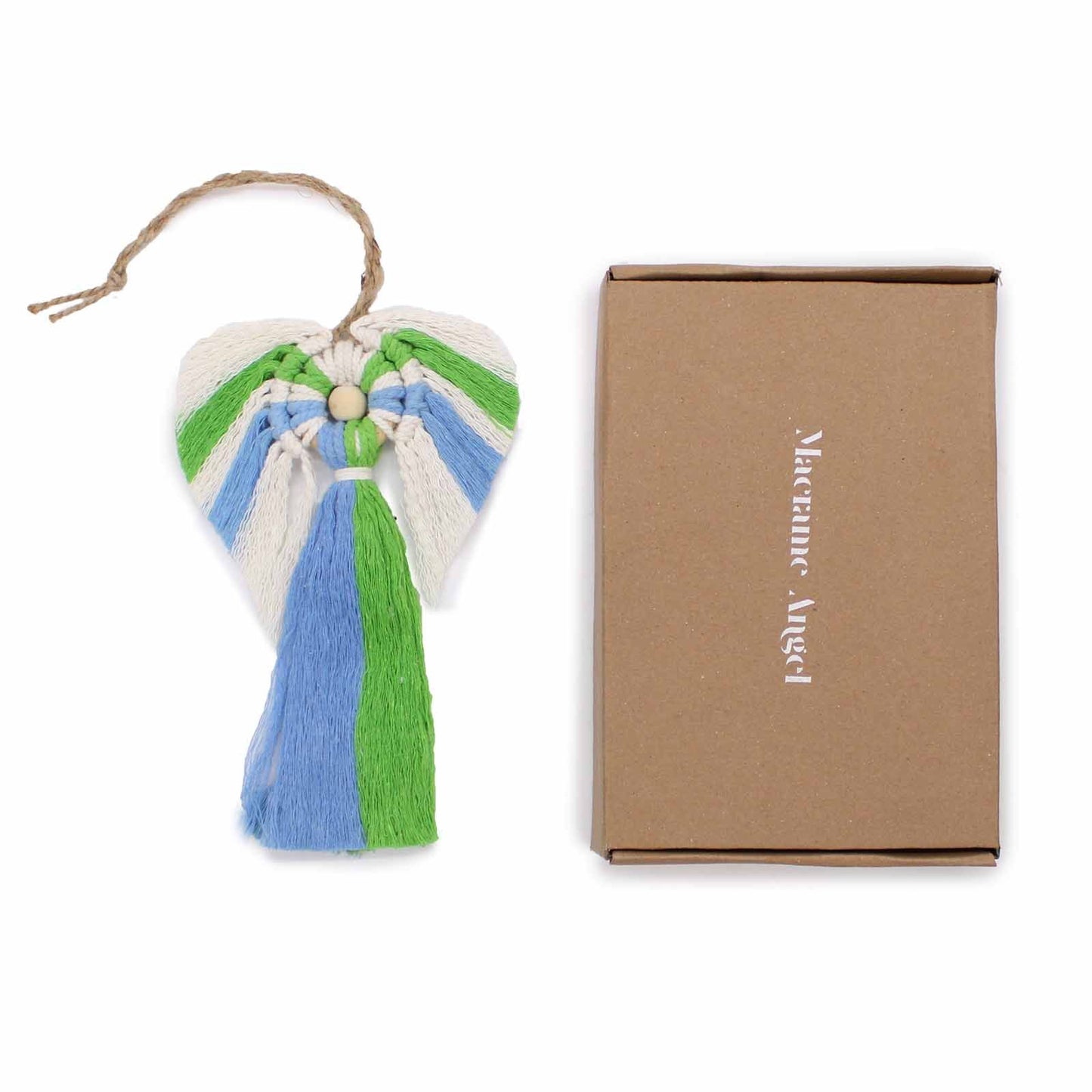 Hand-woven white cotton macrame angel with wings and a halo, presented in a brown kraft gift box with a wooden heart.