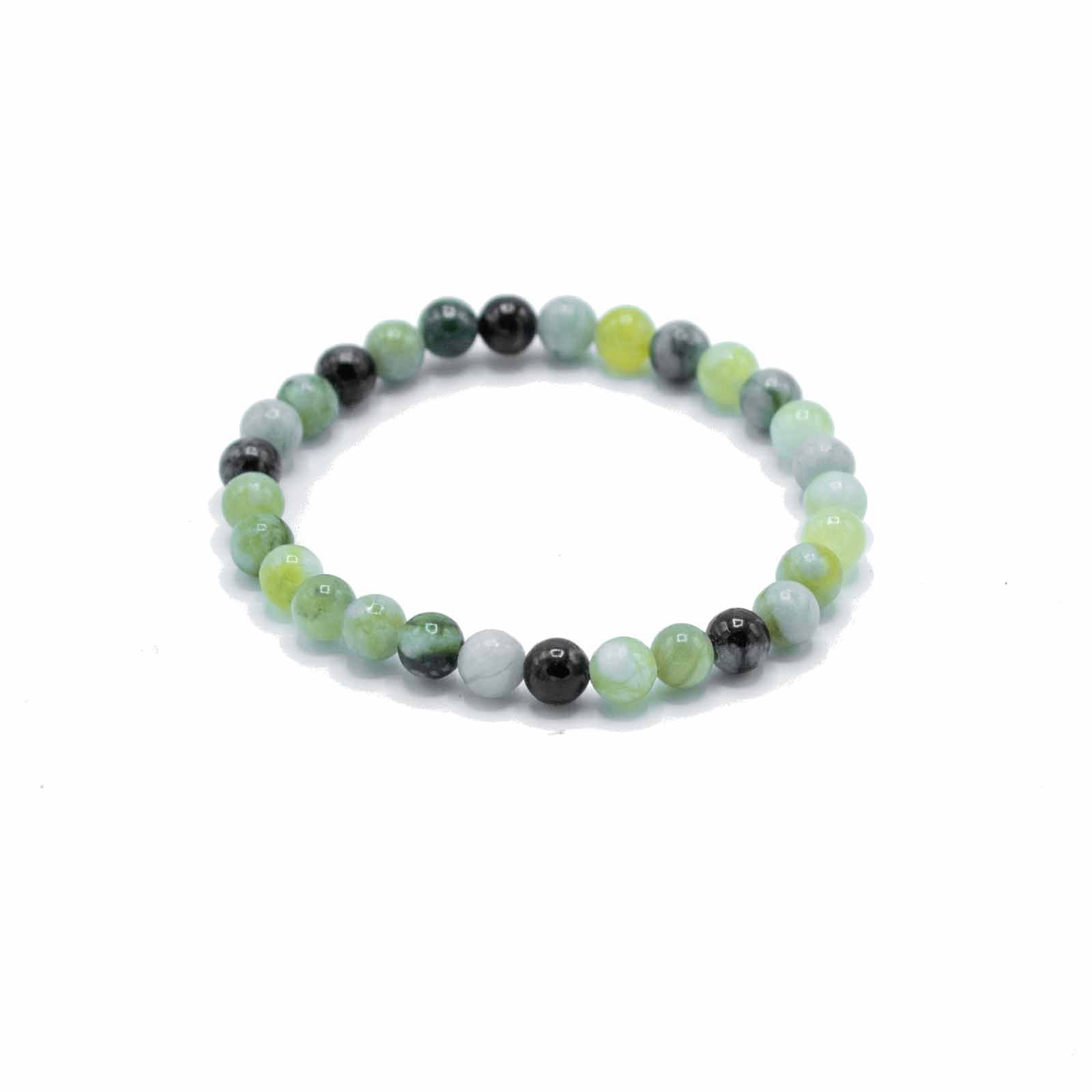 Close-up of a handmade gemstone stretch bracelet featuring smooth, earthy olive green jade beads.