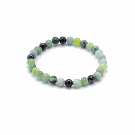 Close-up of a handmade gemstone stretch bracelet featuring smooth, earthy olive green jade beads.