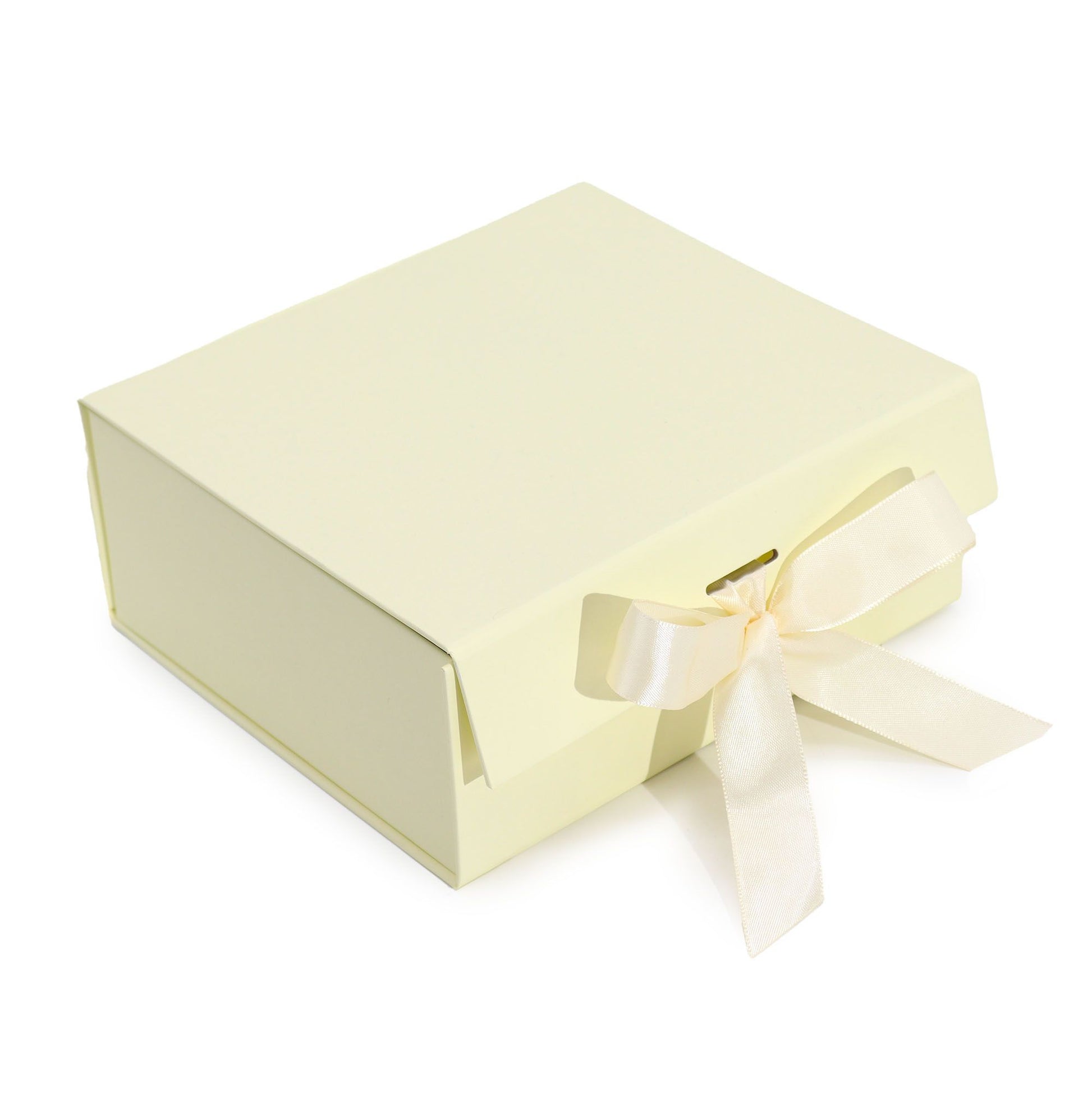 Elegant ivory medium square flat pack gift box with a smooth finish, shown assembled for presentation.