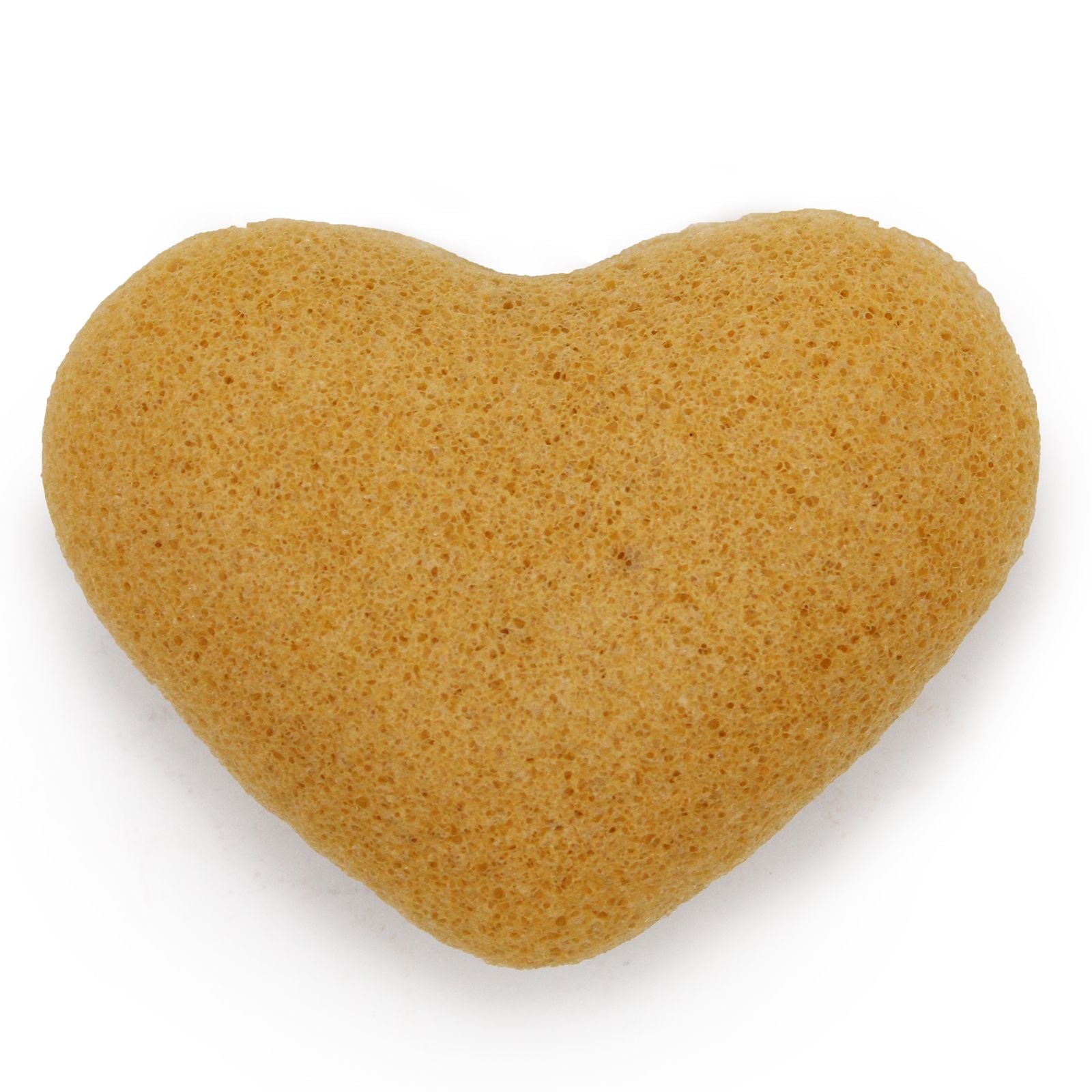 Heart-shaped peach-coloured konjac sponge with a soft, porous natural texture for gentle facial cleansing.