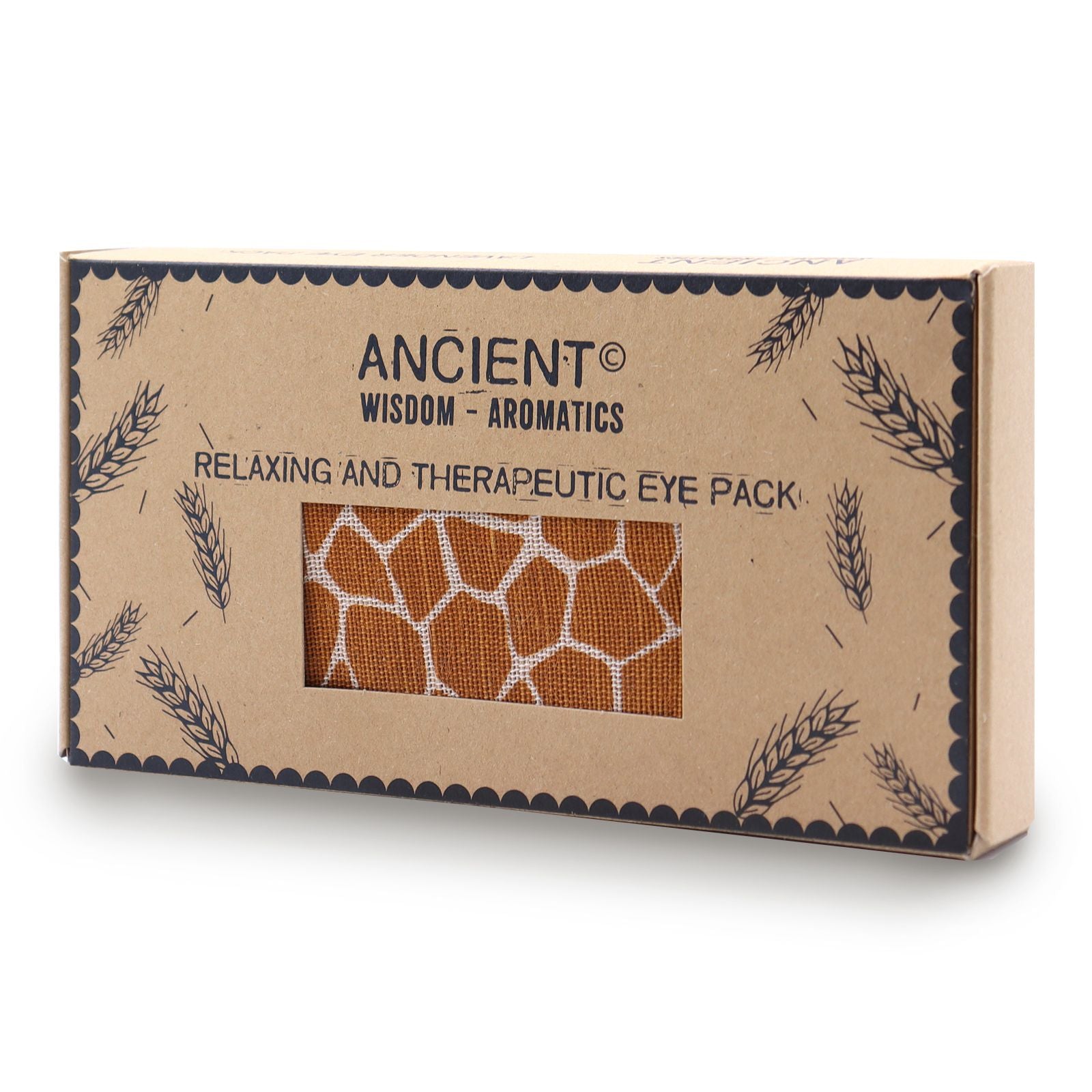 Lavender scented cotton and juco eye pillow featuring a brown giraffe print, presented in a matching gift box.