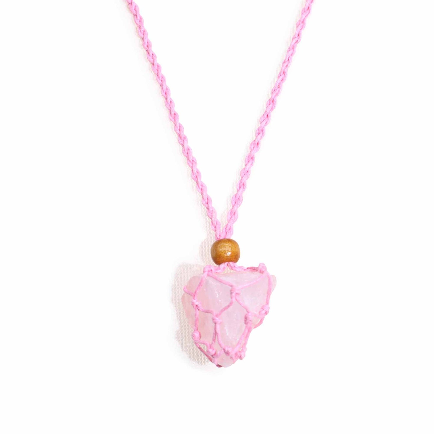 Adjustable pink macrame necklace cord with a woven netting pouch to hold a gemstone pendant.