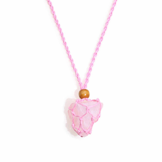 Adjustable pink macrame necklace cord with a woven netting pouch to hold a gemstone pendant.