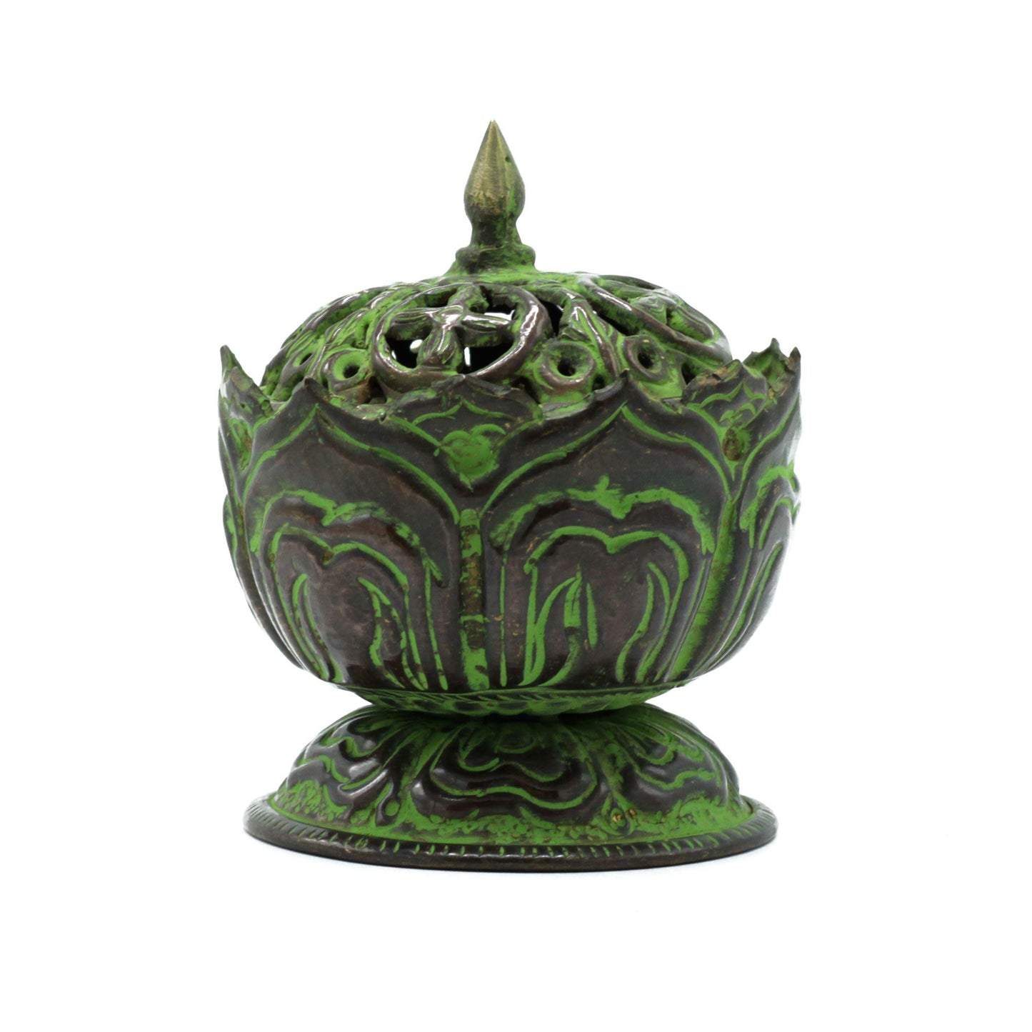 Handcrafted small brass incense burner with a green verdigris finish and intricate lotus flower lid design.