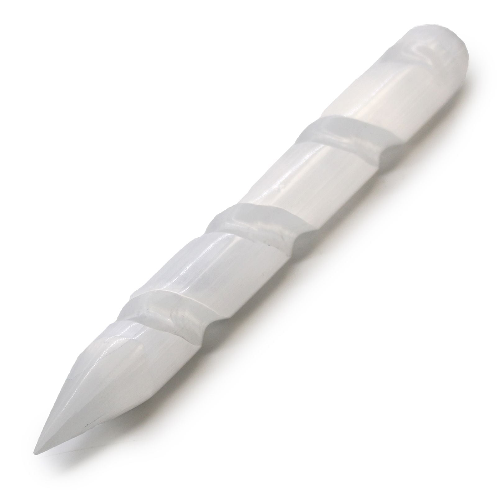 Hand-carved white Selenite spiral wand with a pointed end showing natural milky crystal texture.