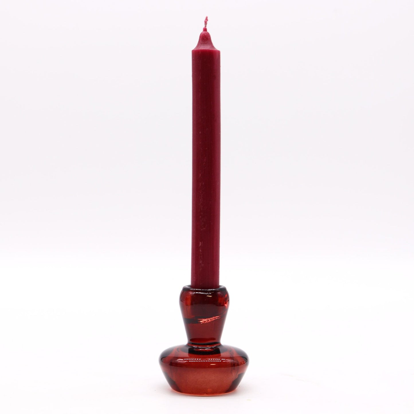 Vibrant vampire red mushroom shaped glass holder designed to hold both a dinner candle and a tealight.