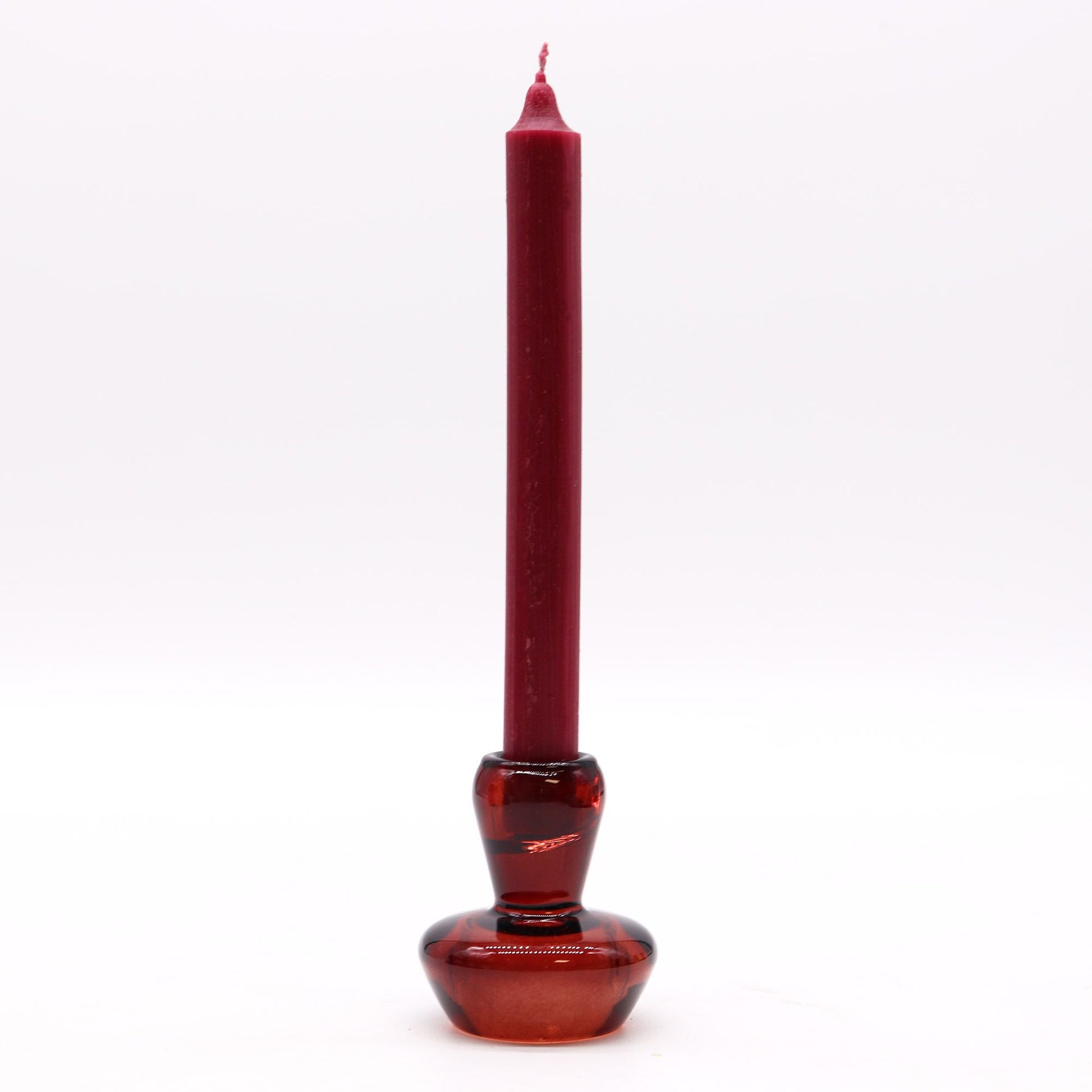 Vibrant vampire red mushroom shaped glass holder designed to hold both a dinner candle and a tealight.