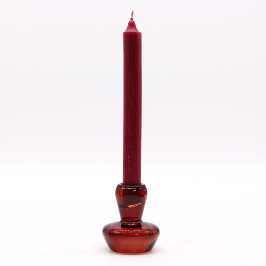 Vibrant vampire red mushroom shaped glass holder designed to hold both a dinner candle and a tealight.