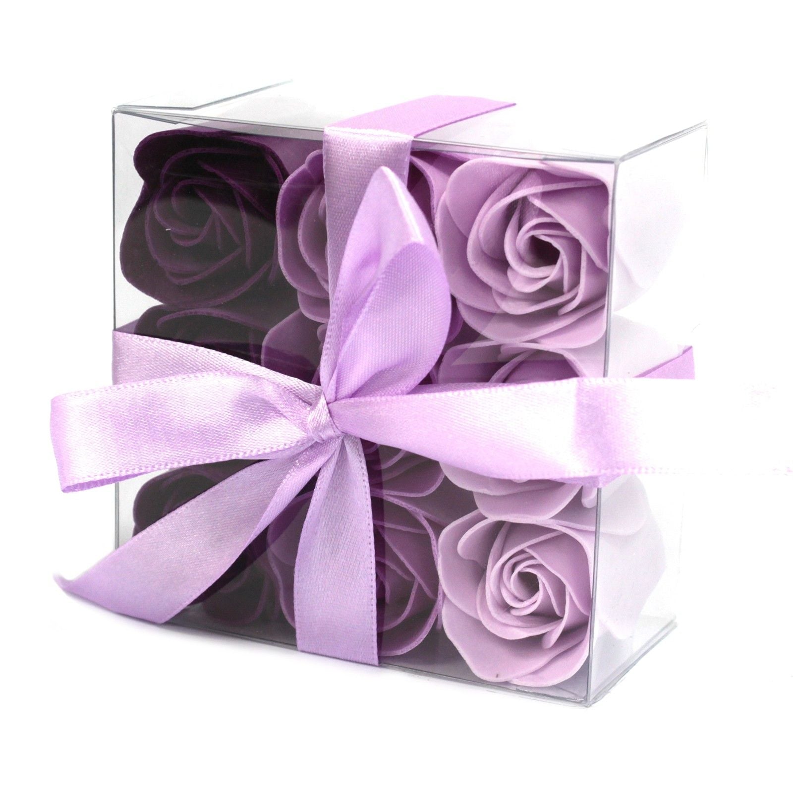 Gift box containing nine delicately crafted soap flowers shaped like lavender-coloured roses.