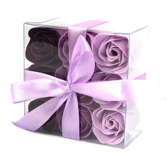 Gift box containing nine delicately crafted soap flowers shaped like lavender-coloured roses.