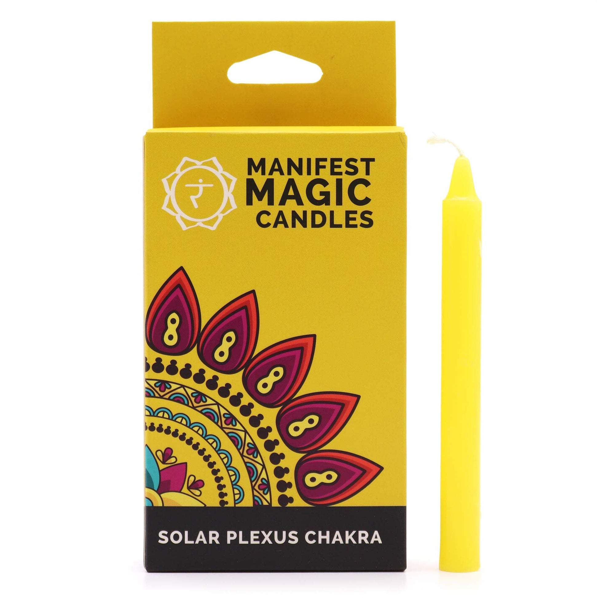 Pack of twelve slim yellow ritual candles designed for solar plexus chakra manifestation and spiritual practices.