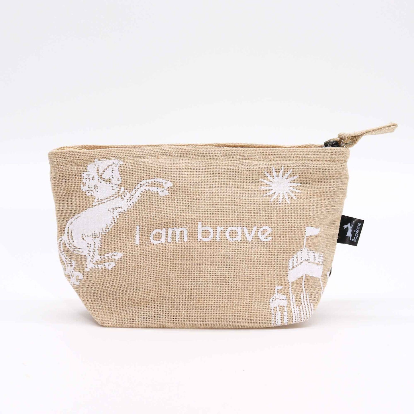 Handcrafted rustic jute pouch with the inspirational affirmation I am Brave printed on the front.
