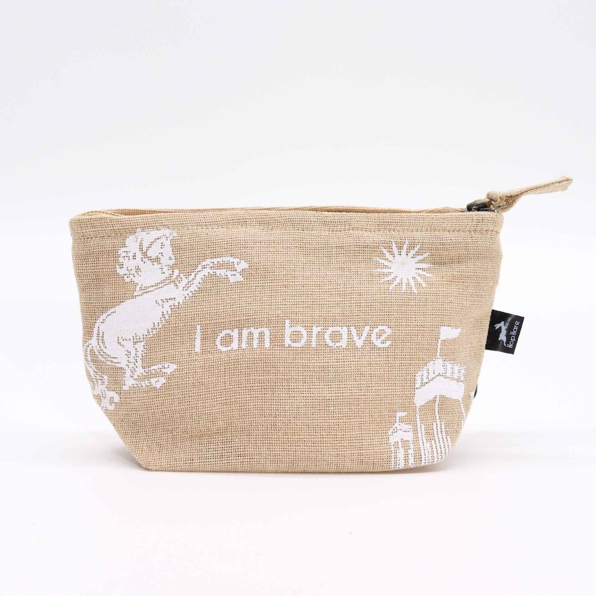 Handcrafted rustic jute pouch with the inspirational affirmation I am Brave printed on the front.