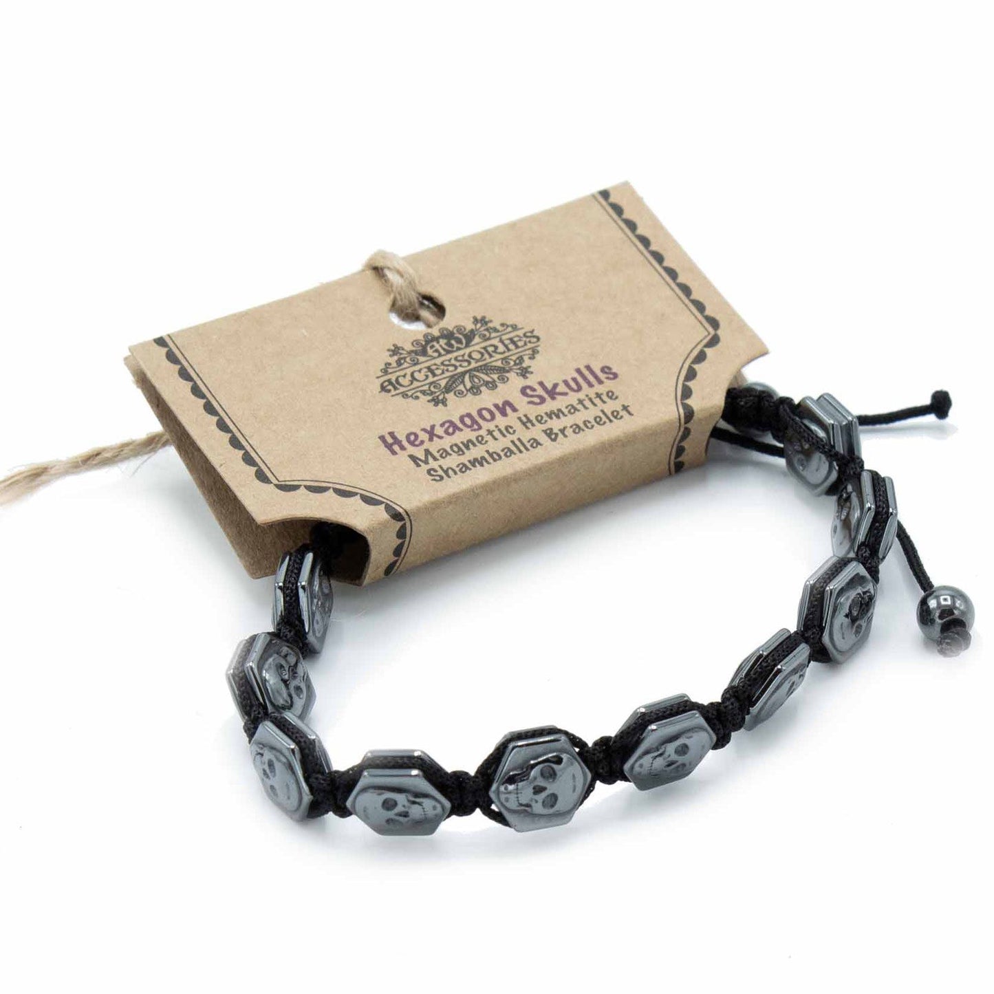 Sleek black magnetic hematite Shamballa bracelet featuring hexagon-shaped beads and decorative skull details.