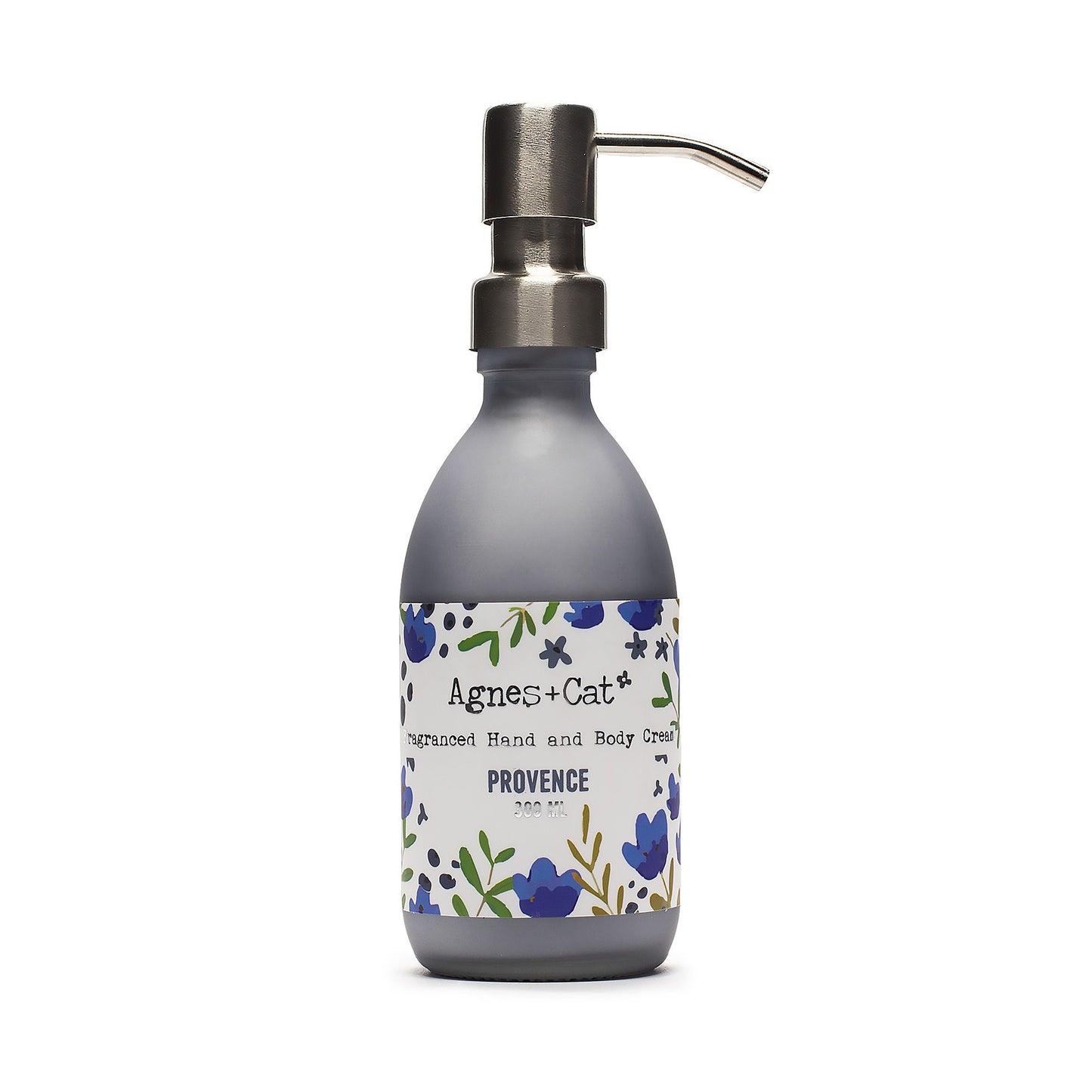 A white tin of floral scented hand and body cream with a minimalist botanical label design.