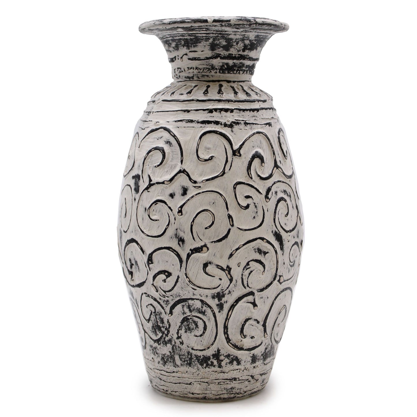 Elegant cream-coloured terracotta vase featuring a unique hand-carved swirl design and a textured artisanal finish.