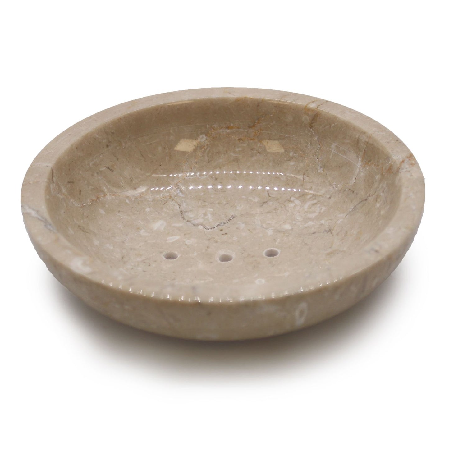 Elegant round soap dish crafted from polished honey-toned marble with three drainage holes in the centre.
