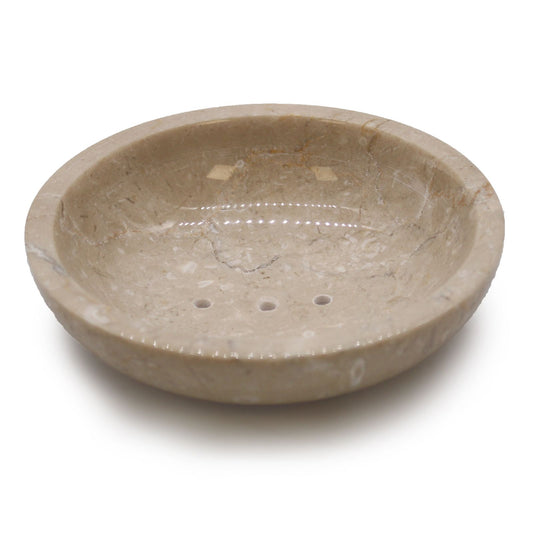 Elegant round soap dish crafted from polished honey-toned marble with three drainage holes in the centre.