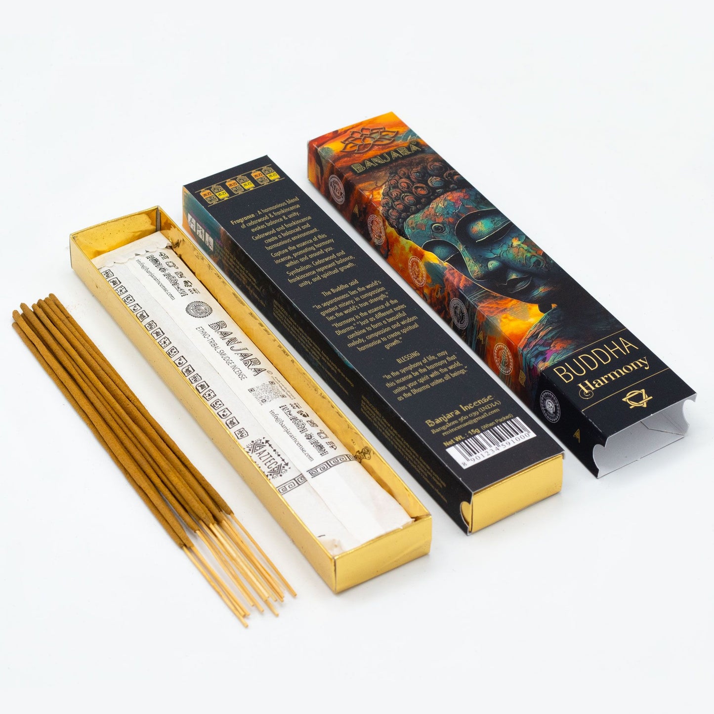Box of hand-rolled incense sticks featuring a serene Buddha design and traditional patterns.
