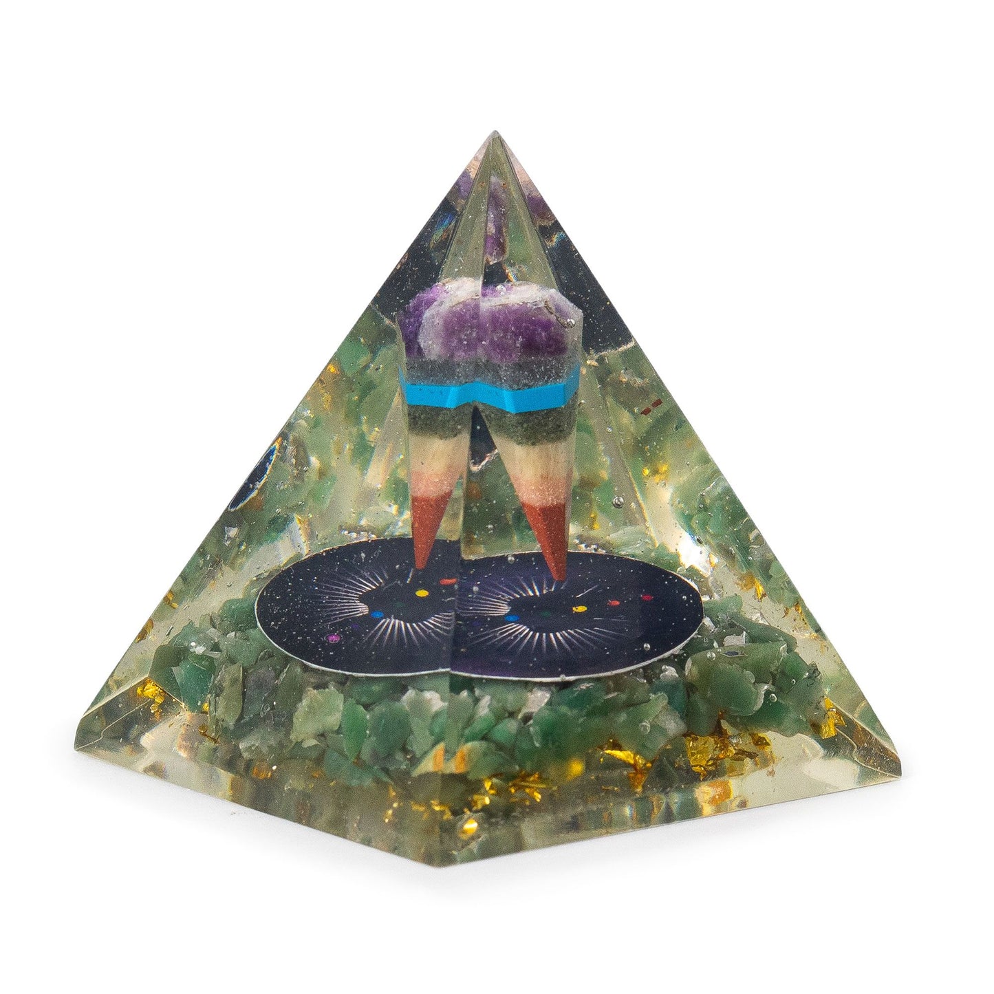 Clear resin orgonite pyramid containing green aventurine chips, golden accents, and a suspended metal pendulum.
