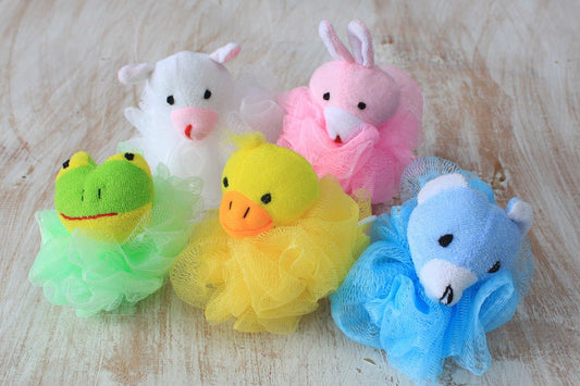 Soft cotton animal-themed bath scrunchie in a bright, playful colour for gentle exfoliation during bathing.