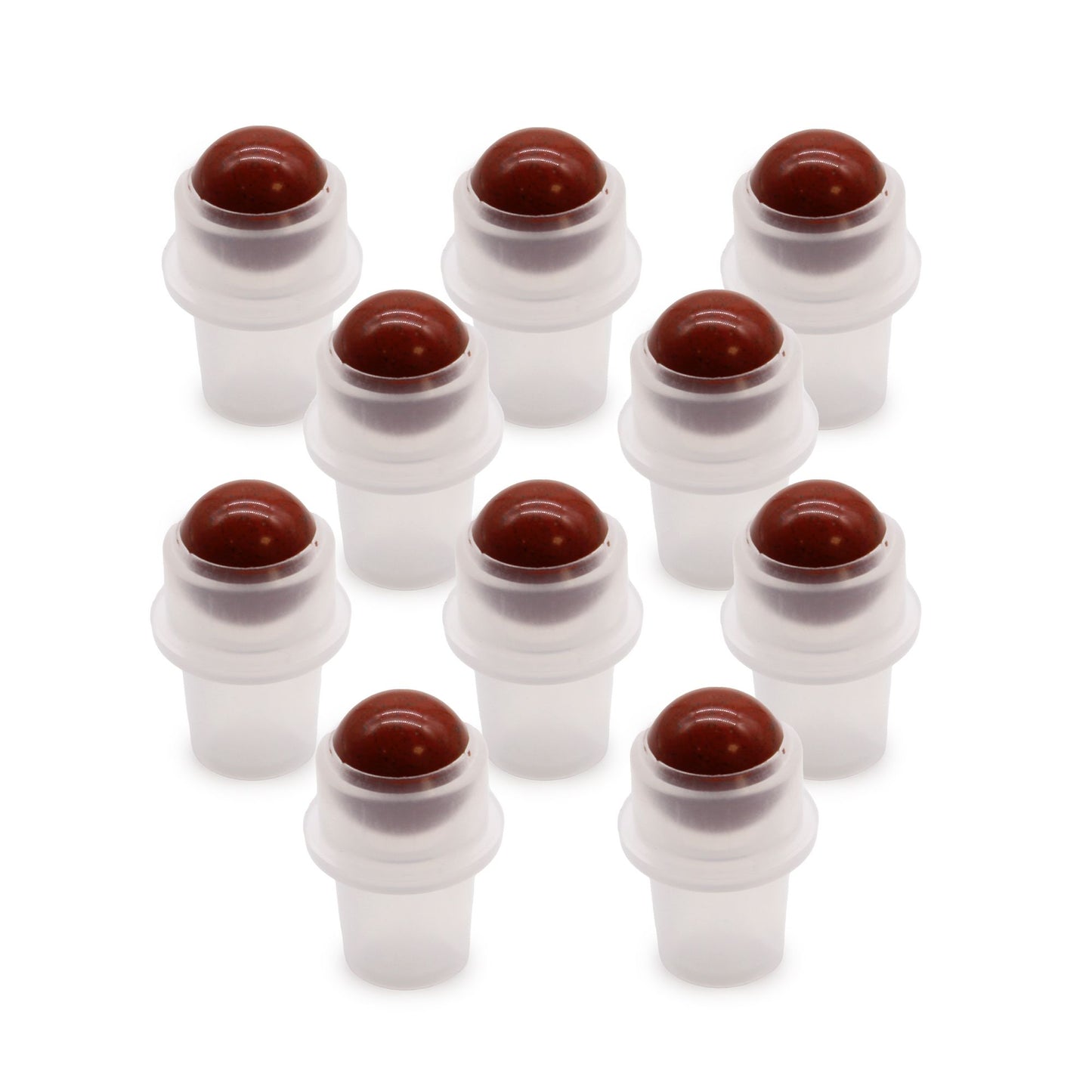 Polished Red Jasper gemstone roller ball tip for 5ml essential oil bottles on a white background.