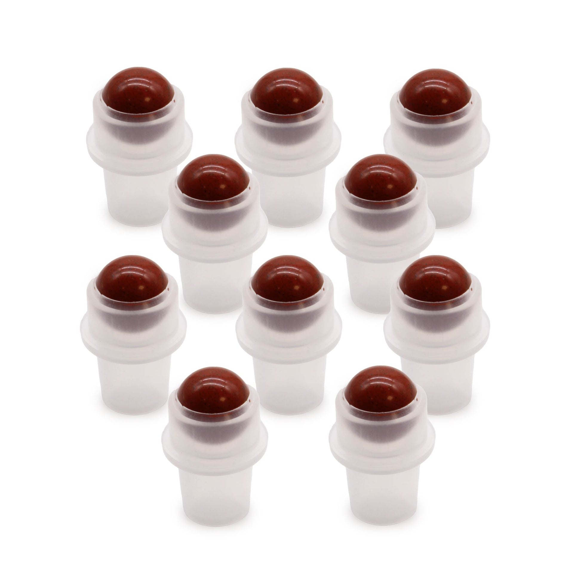 Polished Red Jasper gemstone roller ball tip for 5ml essential oil bottles on a white background.