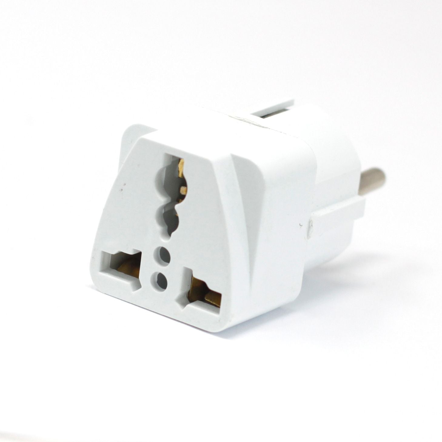 White UK 3-pin to European 2-pin travel plug adaptor with a compact and lightweight design.