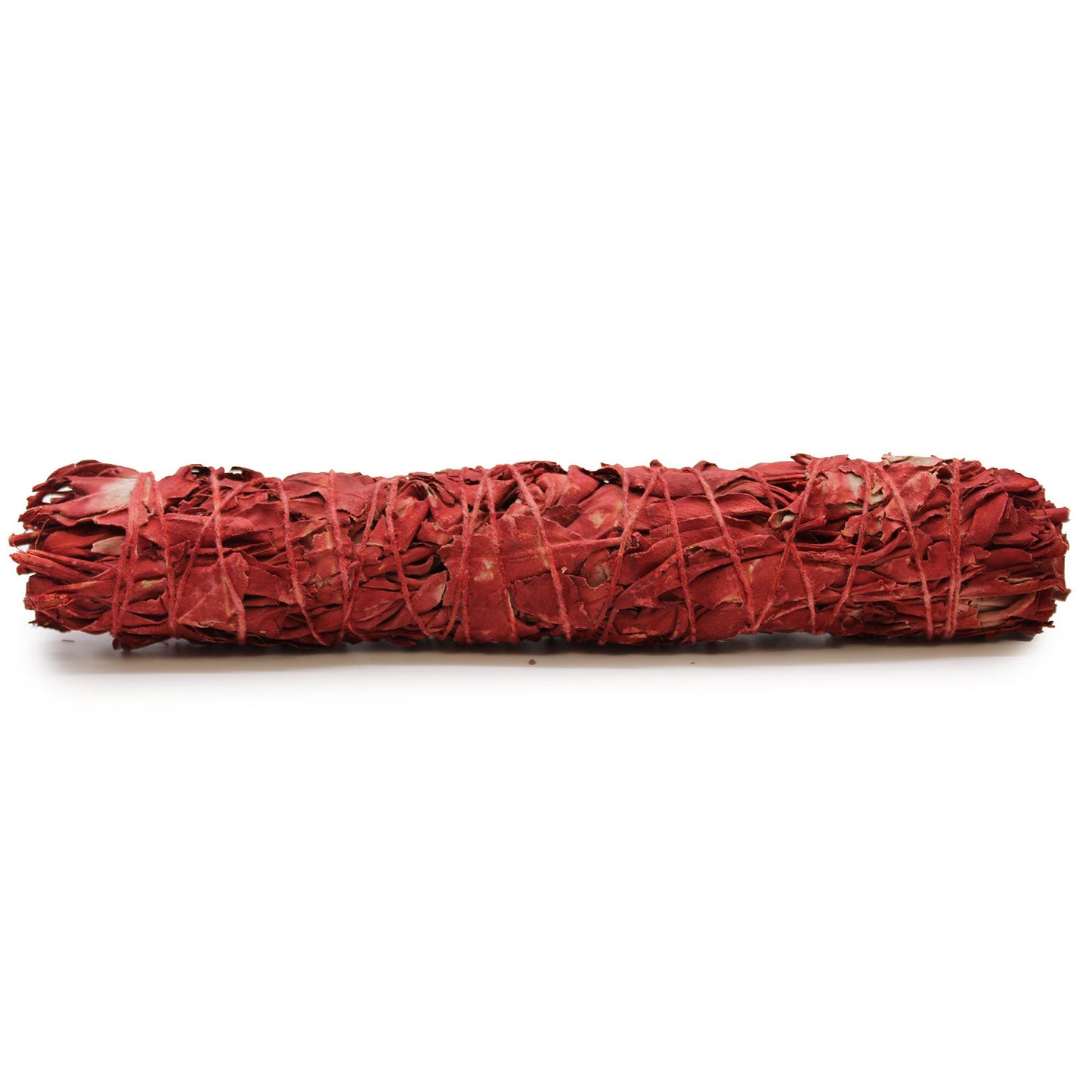 Large hand-tied smudge stick made of natural white sage coated in vibrant red dragon's blood resin.
