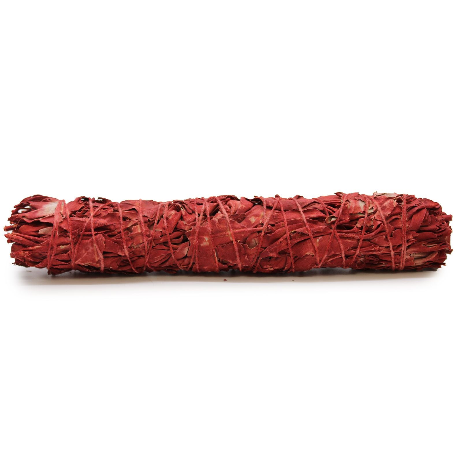 Large hand-tied smudge stick made of natural white sage coated in vibrant red dragon's blood resin.