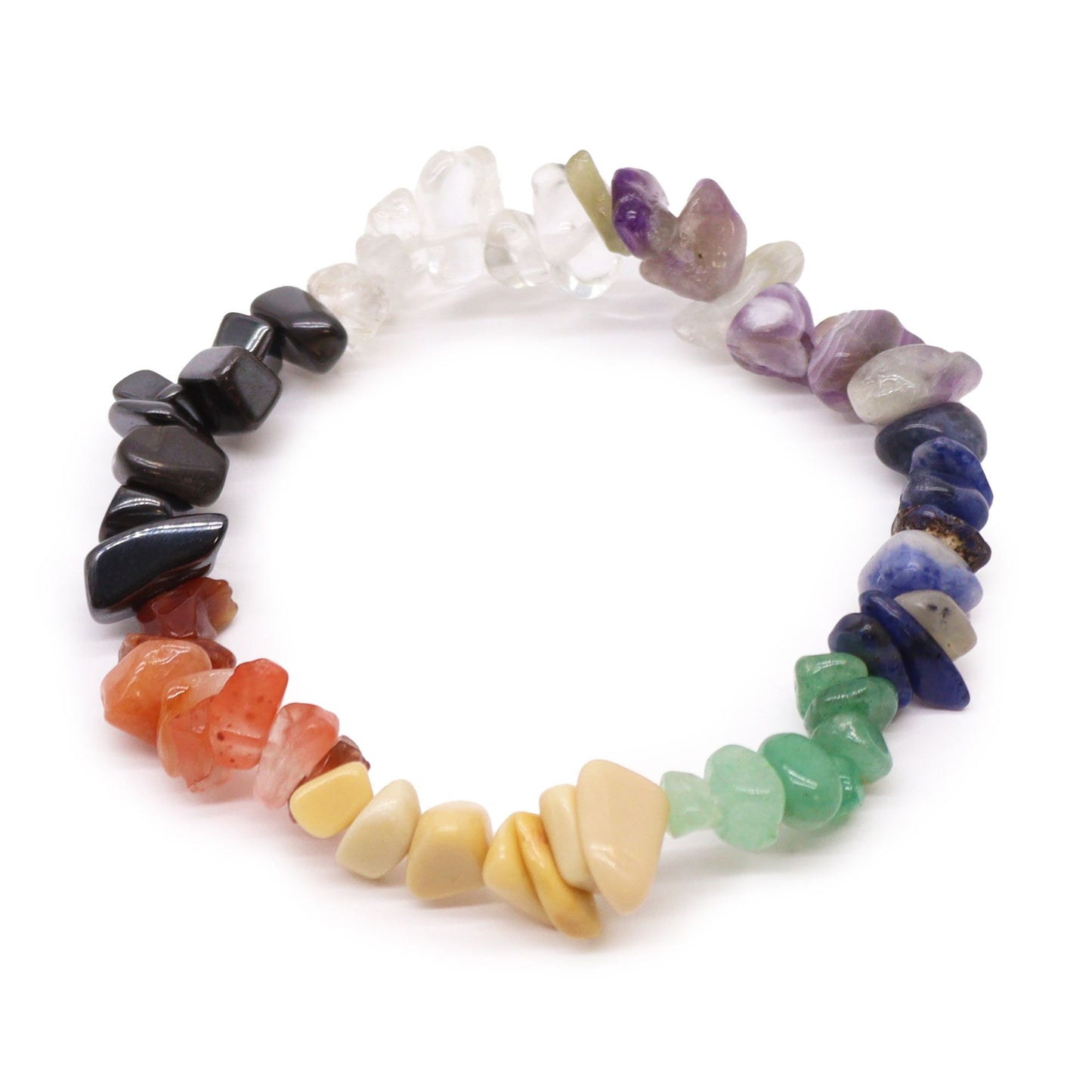 Colourful chipstone bracelet featuring a variety of small polished gemstones on an elasticated cord.
