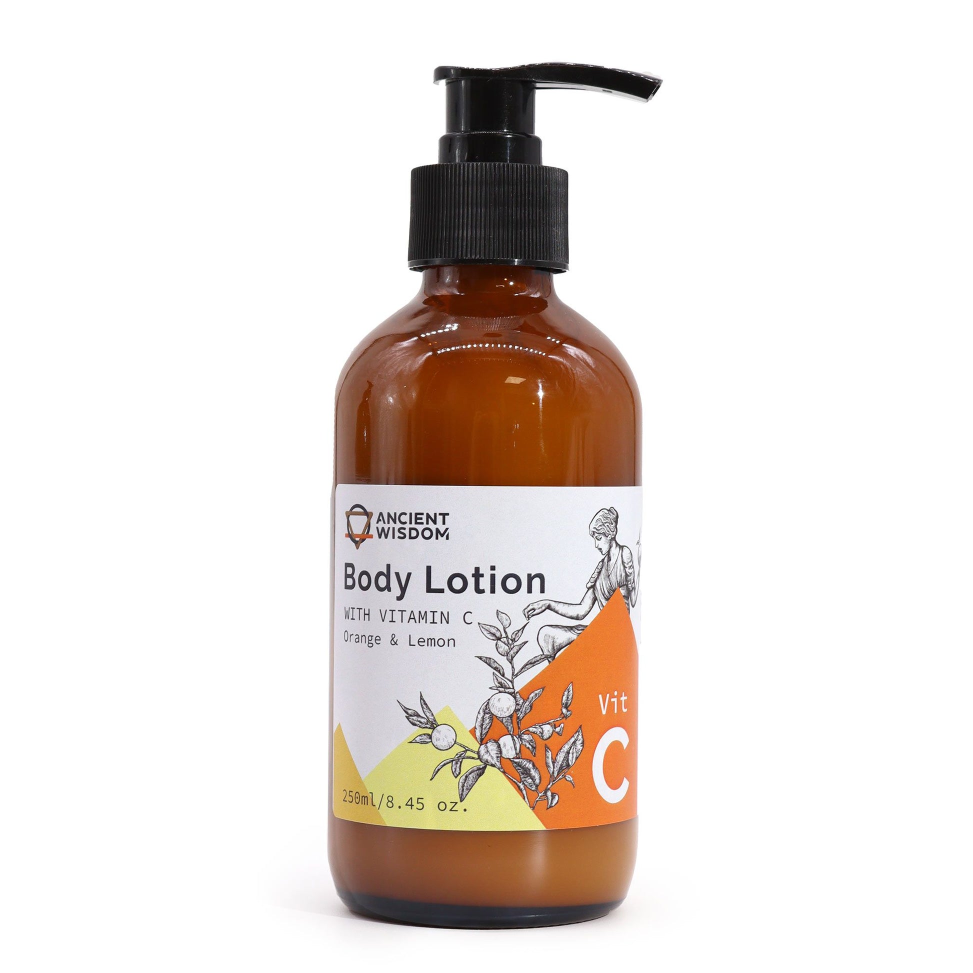 Bottle of Vitamin C body lotion with orange and lemon extracts, highlighting a refreshing and nourishing skincare product.
